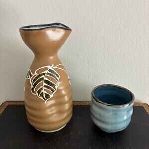 Japanese Sake Set Tokkuri Bottle Ochoko Cup Vintage Ceramic Leaf Design Handmade